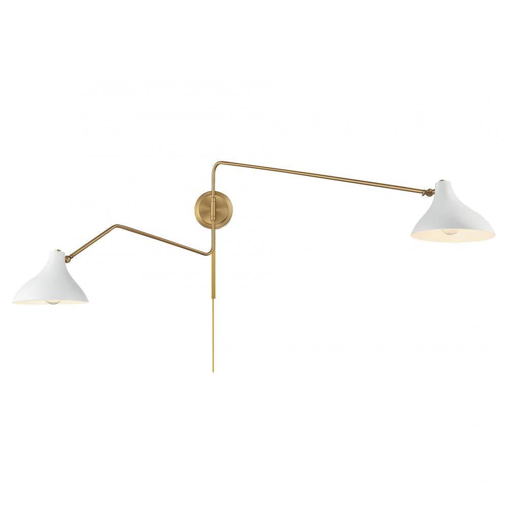 2-Light Wall Sconce in White with Natural Brass