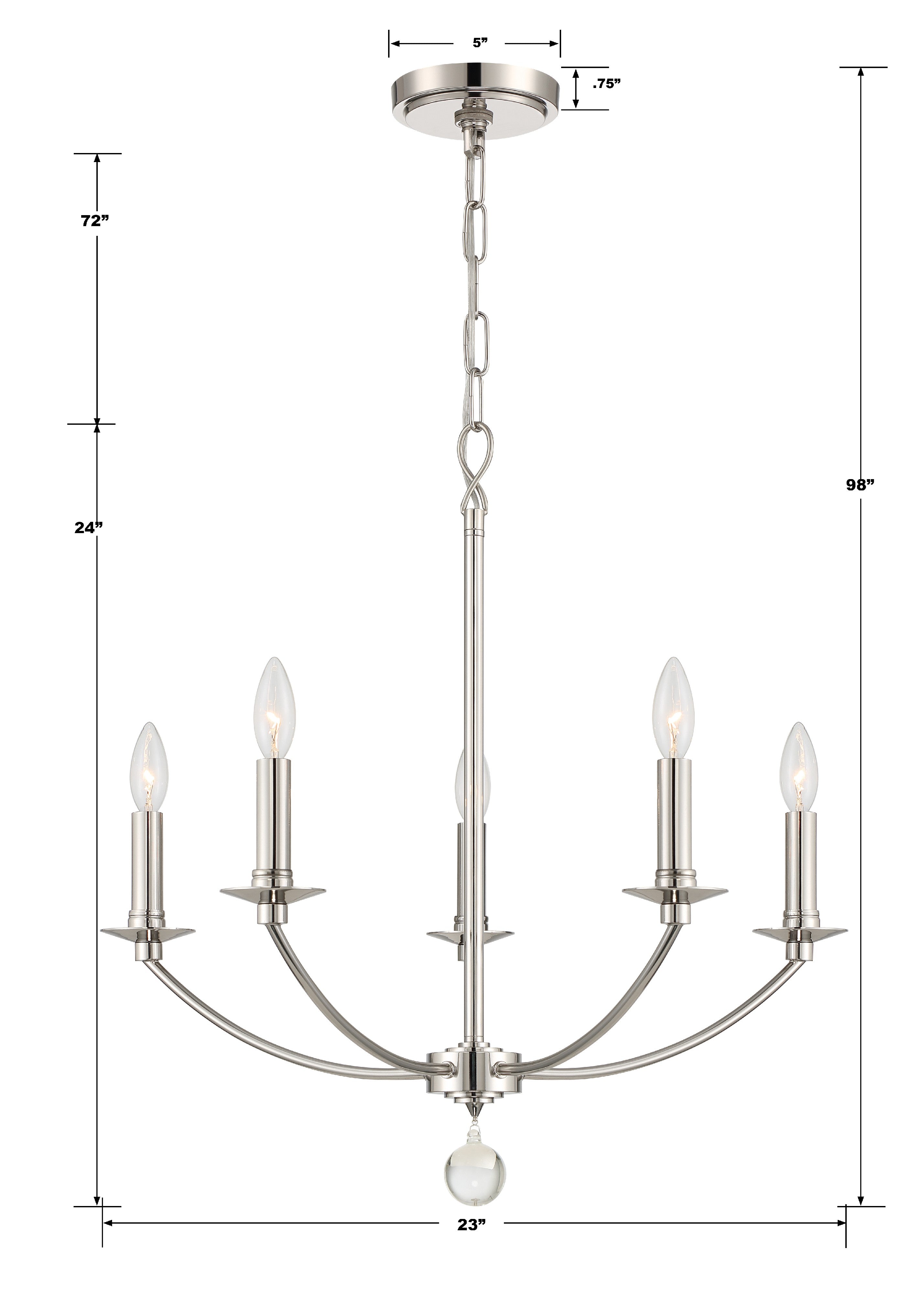 Crystorama Mila MIL-8005-PN – 23 Inch – 5 Light – Chandelier – Polished Nickel – Damp Rated