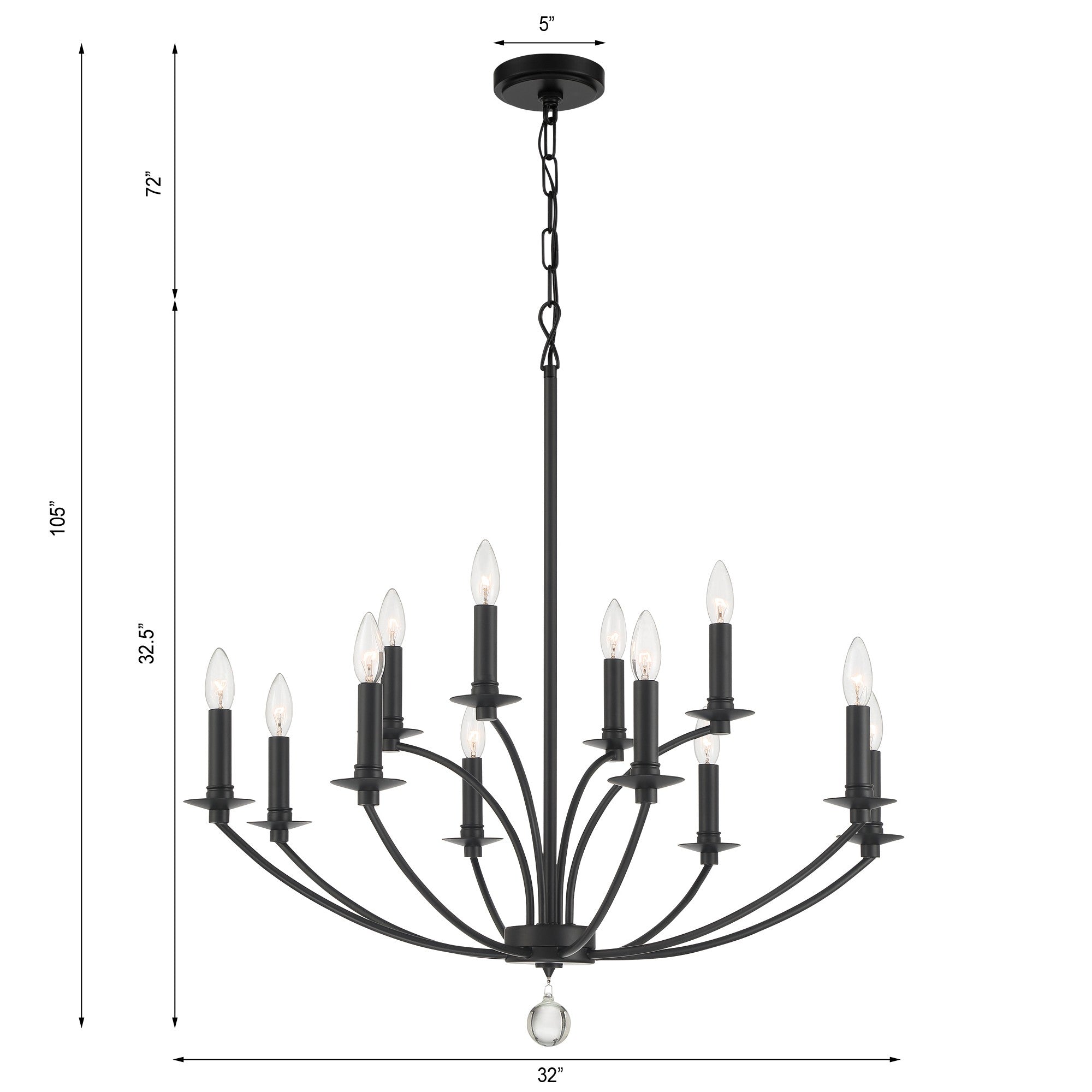 Crystorama Mila MIL-8012-BK – 32 Inch – 12 Light – Chandelier – Black – Damp Rated