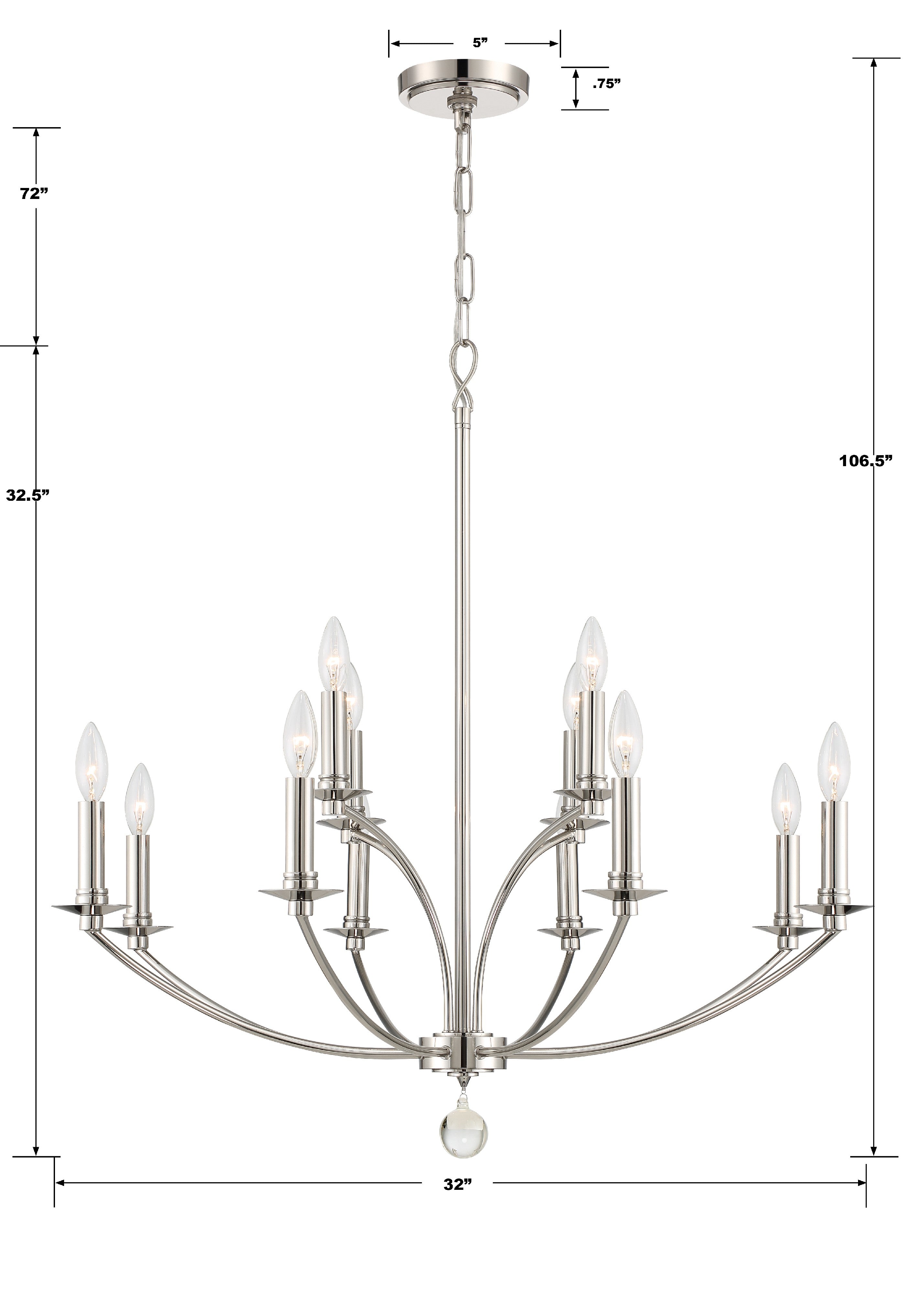 Crystorama Mila MIL-8012-PN – 32 Inch – 12 Light – Chandelier – Polished Nickel – Damp Rated