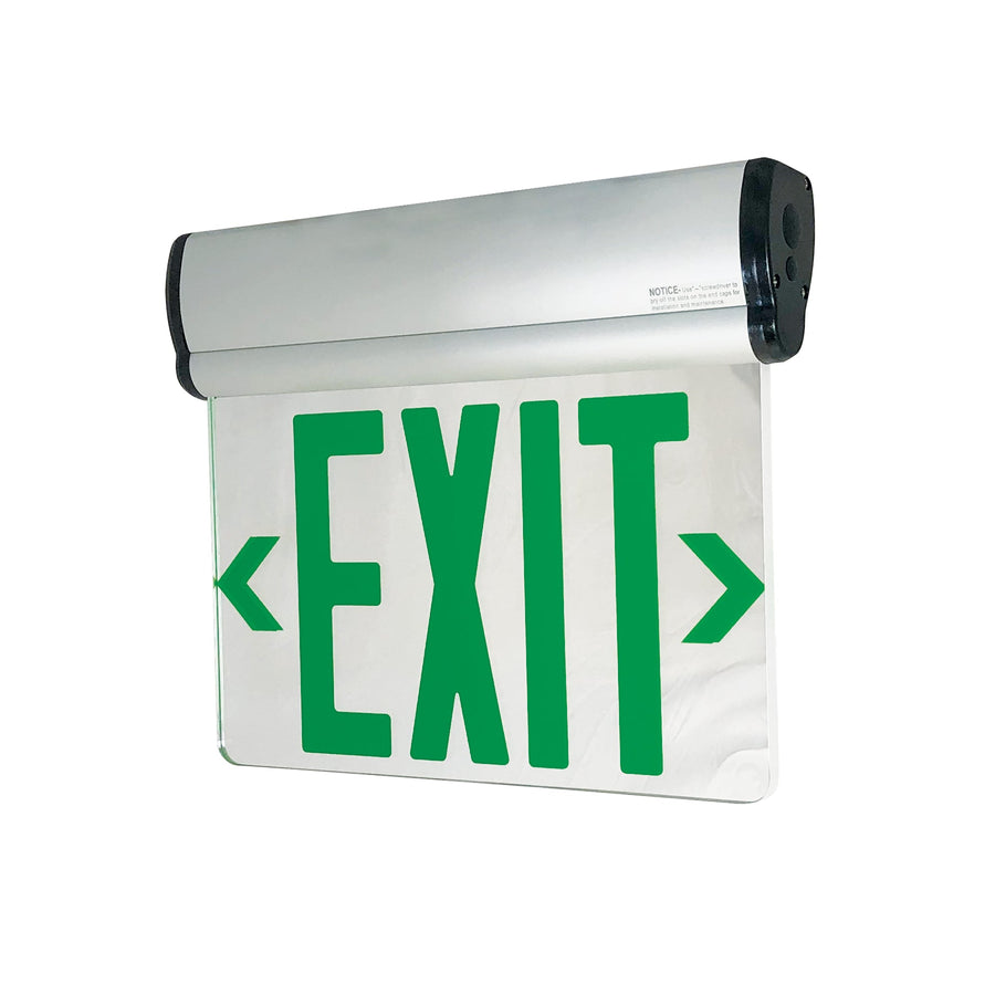 Nora NX-812-LEDG2MA Surface Adjustable LED Edge-Lit Exit Sign, 2 Face, Battery Backup Green/Mirrored Acrylic AluminumM
