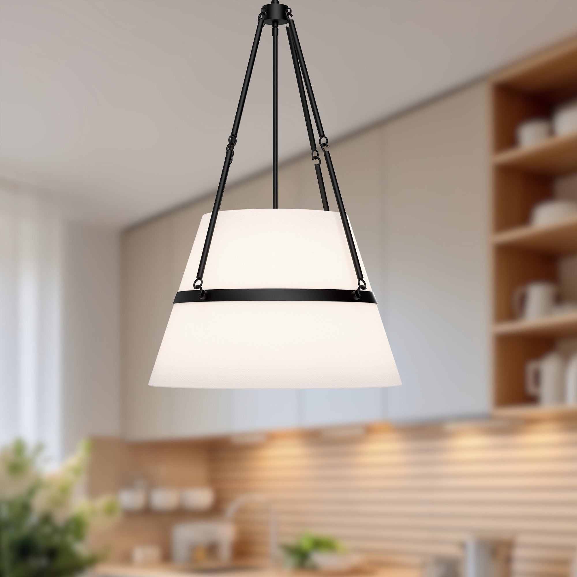 Oliver 18-in Matte Black/White Linen 1 Light Pendant