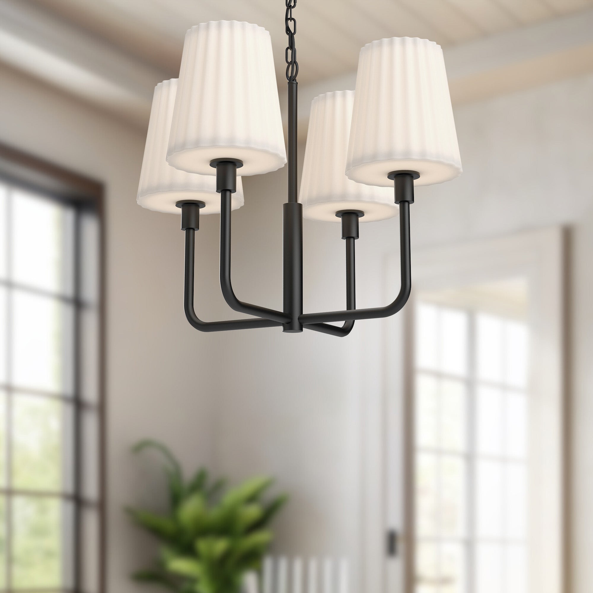 Plisse 23-in Matte Black/Opal Matte Glass 4 Lights Chandeliers