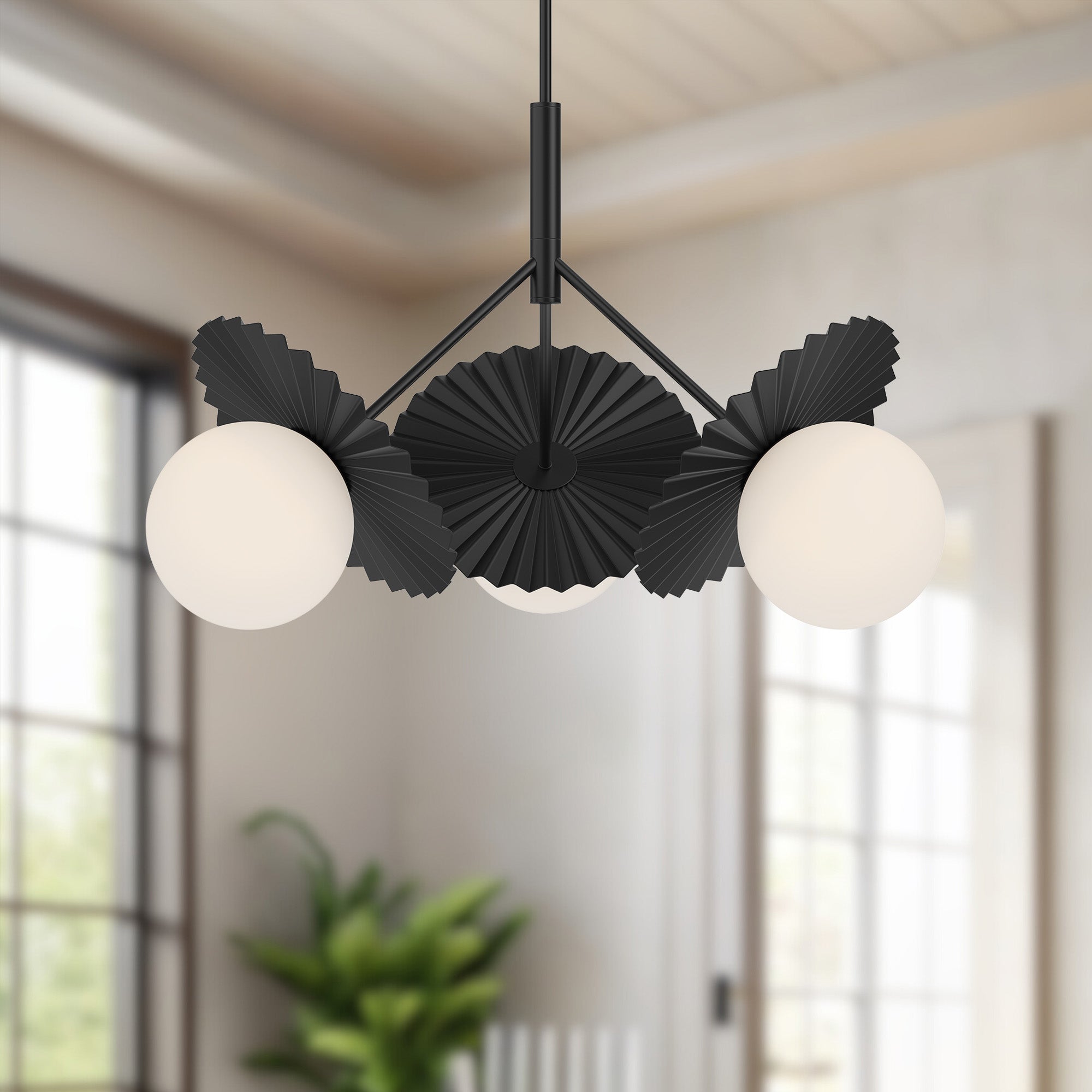 Plume 34-in Matte Black/Opal Glass 3 Lights Chandeliers