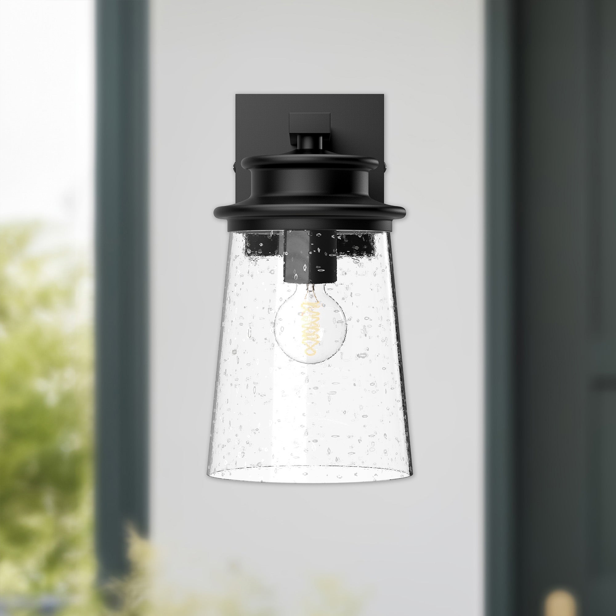 Quincy 6-in Clear Bubble Glass/Textured Black 1 Light Exterior Wall Sconce