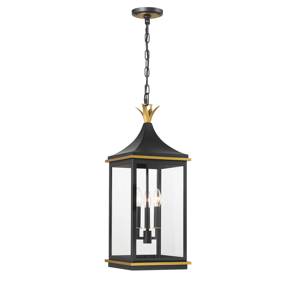 Crystorama SIM-805-MK-TG Simpson 3 Light Outdoor Pendant, Lantern Style, Matte Black + Textured Gold