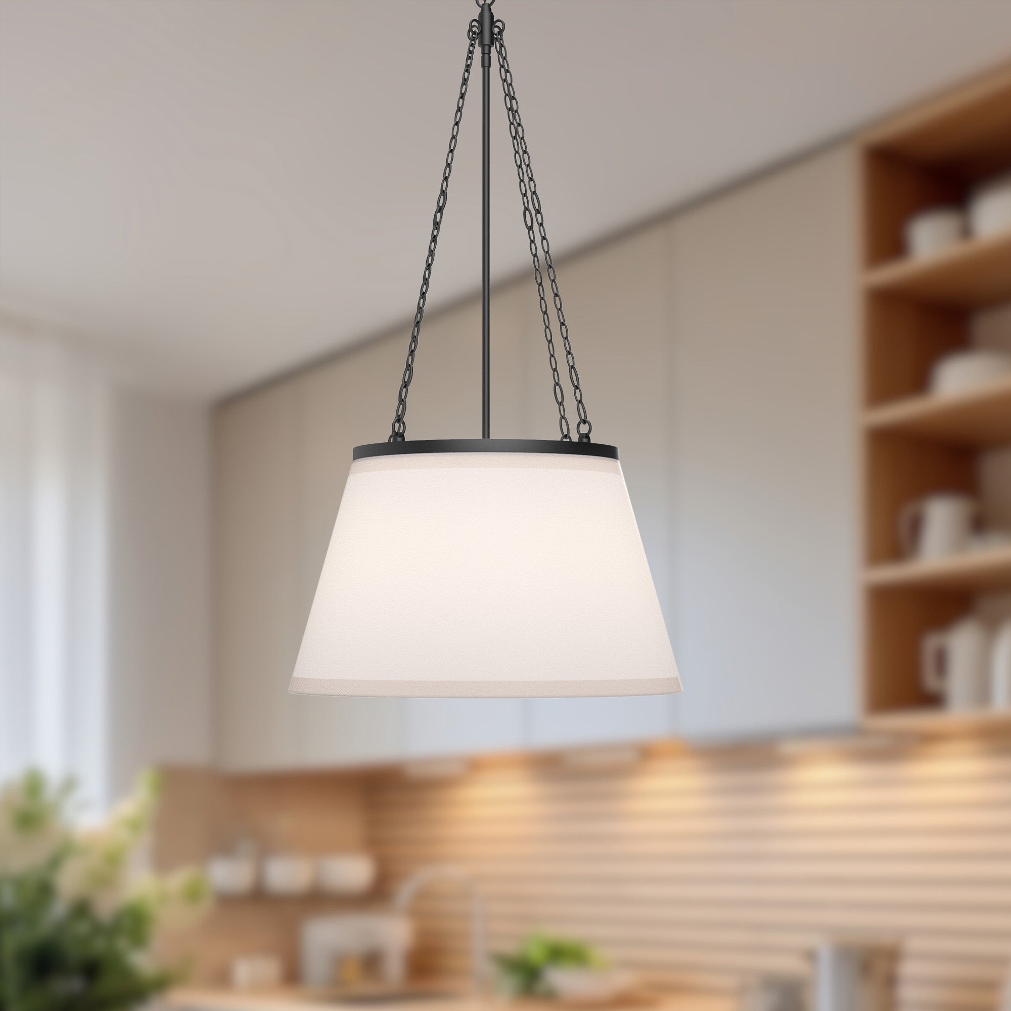 Speakeasy 18-in Matte Black/White Linen 1 Light Pendant