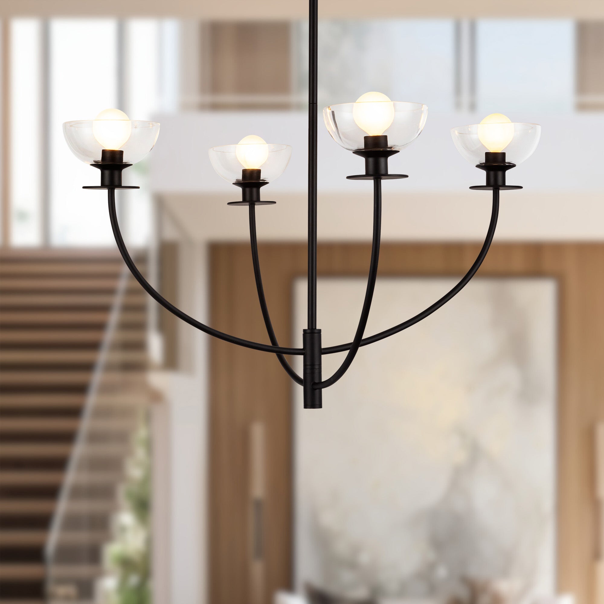 Sylvia 26-in Matte Black/Clear Glass 4 Lights Chandelier