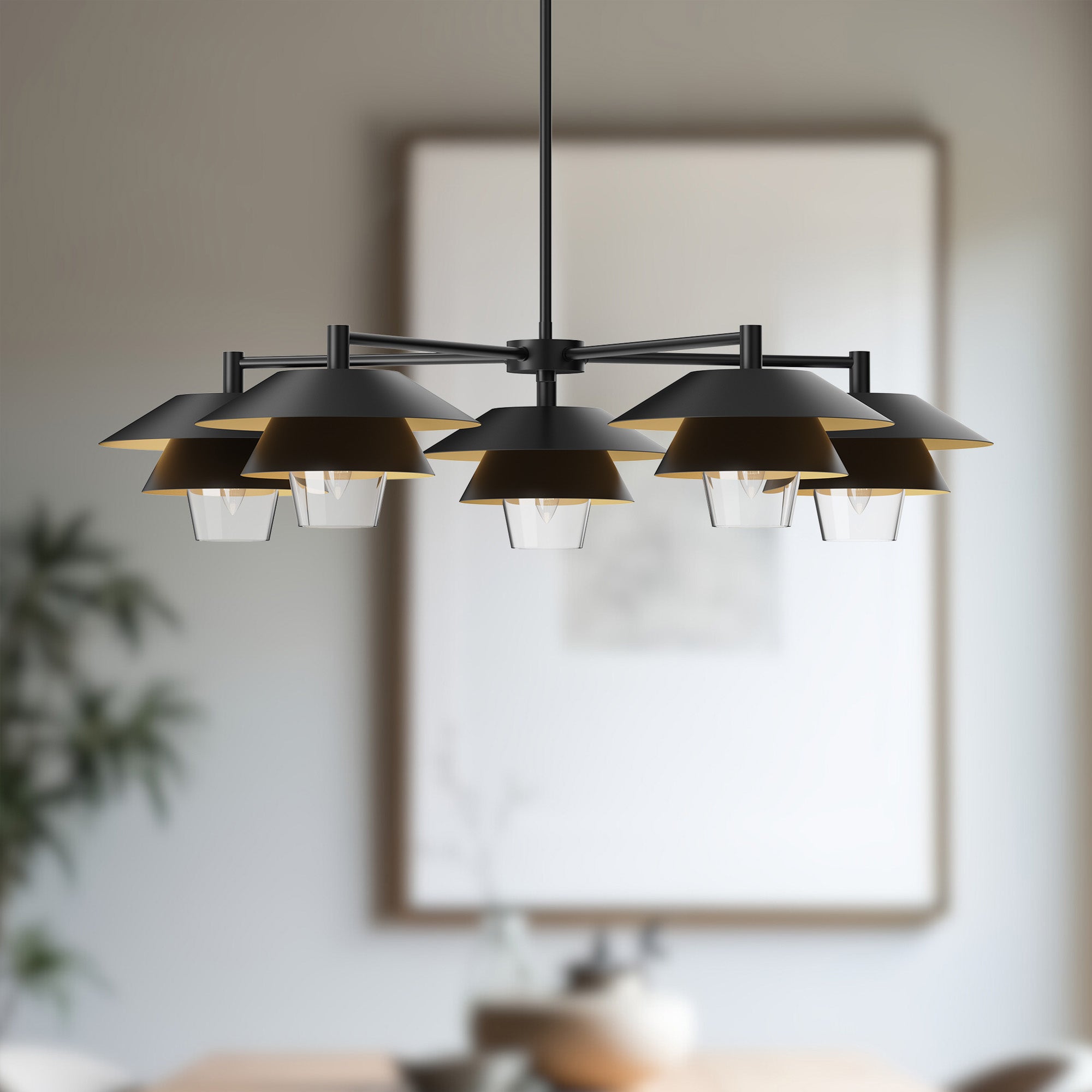 Tetsu 38-in Matte Black/Clear Glass 5 Lights Chandeliers