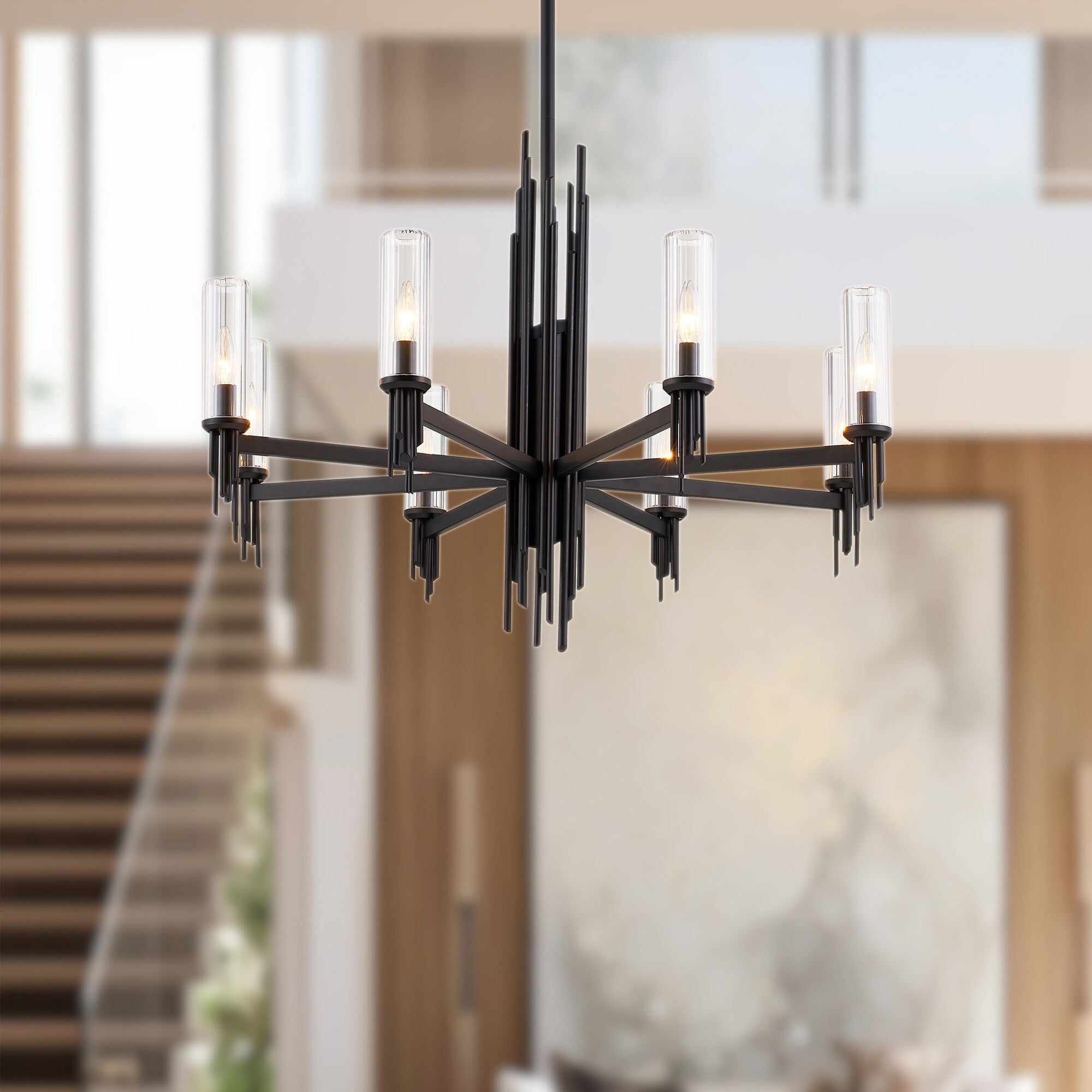 Torres 36-in Clear Ribbed Glass/Matte Black 8 Lights Chandeliers