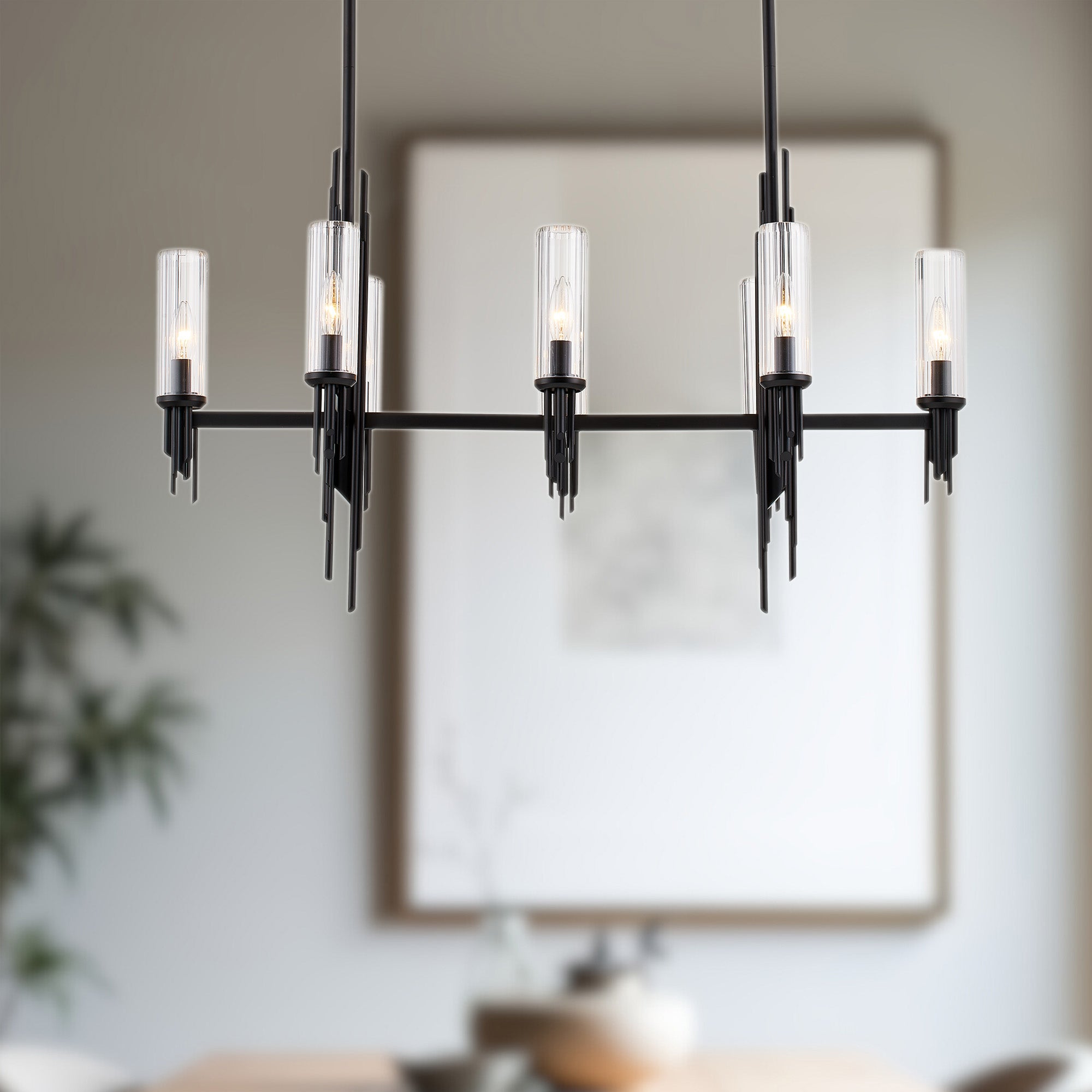 Torres 38-in Clear Ribbed Glass/Matte Black 8 Lights Linear Pendant