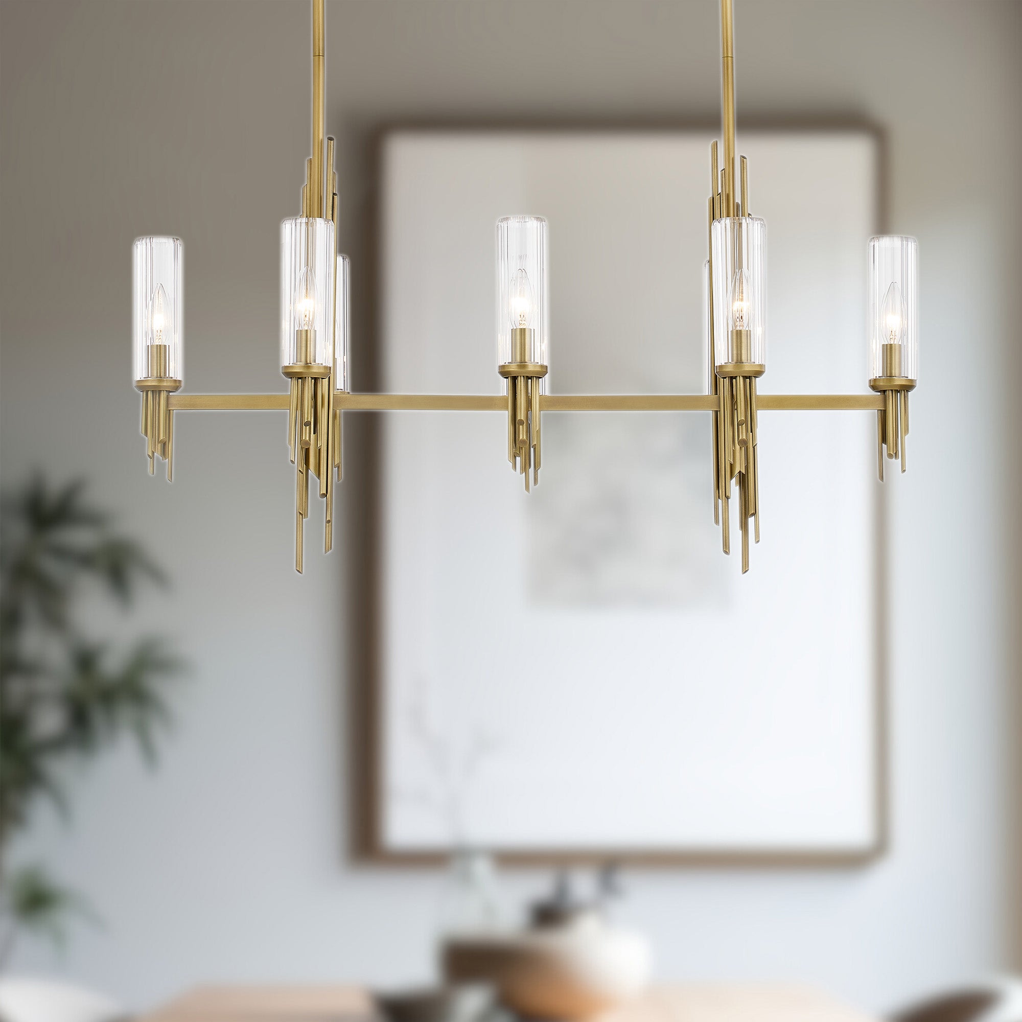 Torres 38-in Ribbed Glass/Vintage Brass 8 Lights Linear Pendant