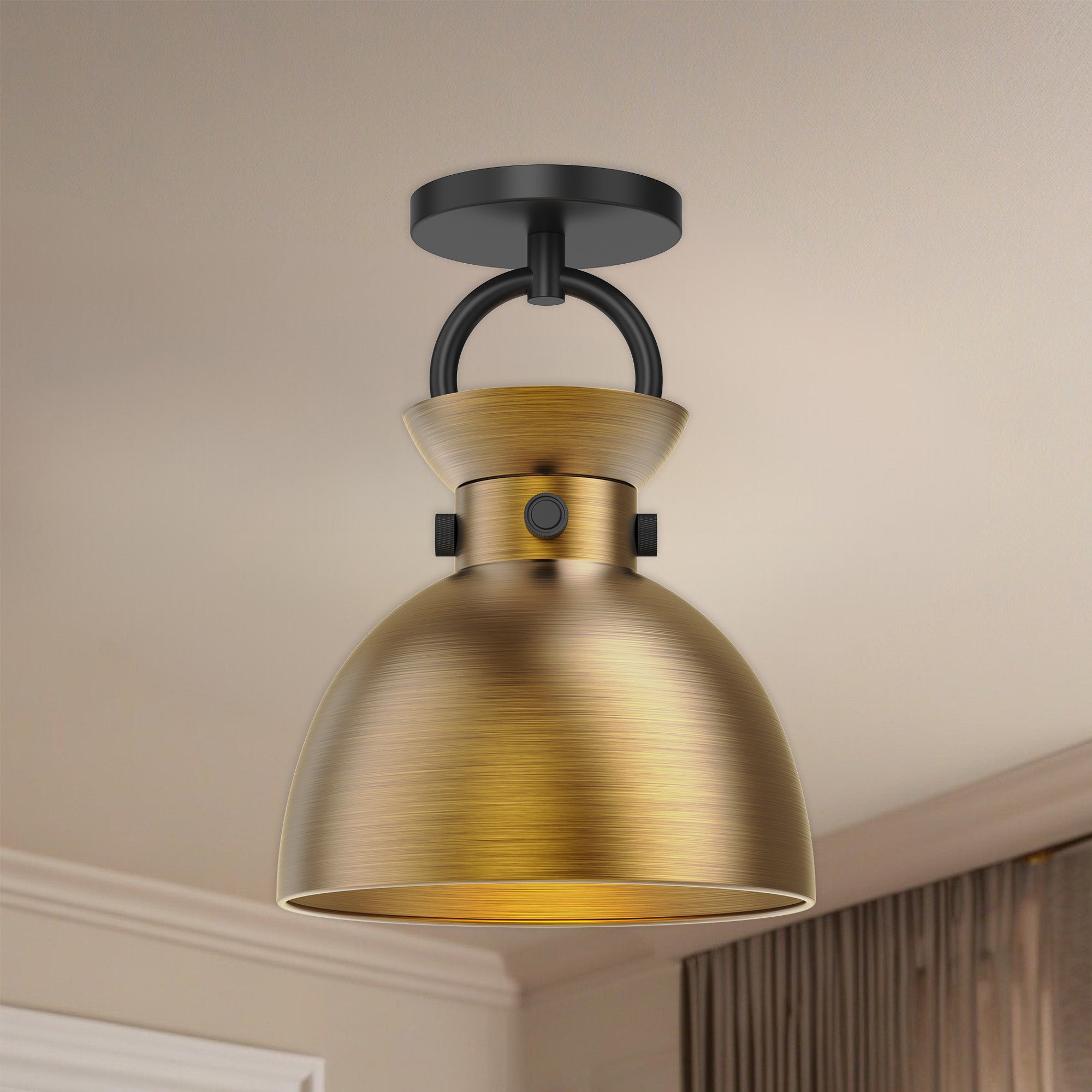 Waldo 9-in Matte Black/Aged Gold 1 Light Semi Flush Mount
