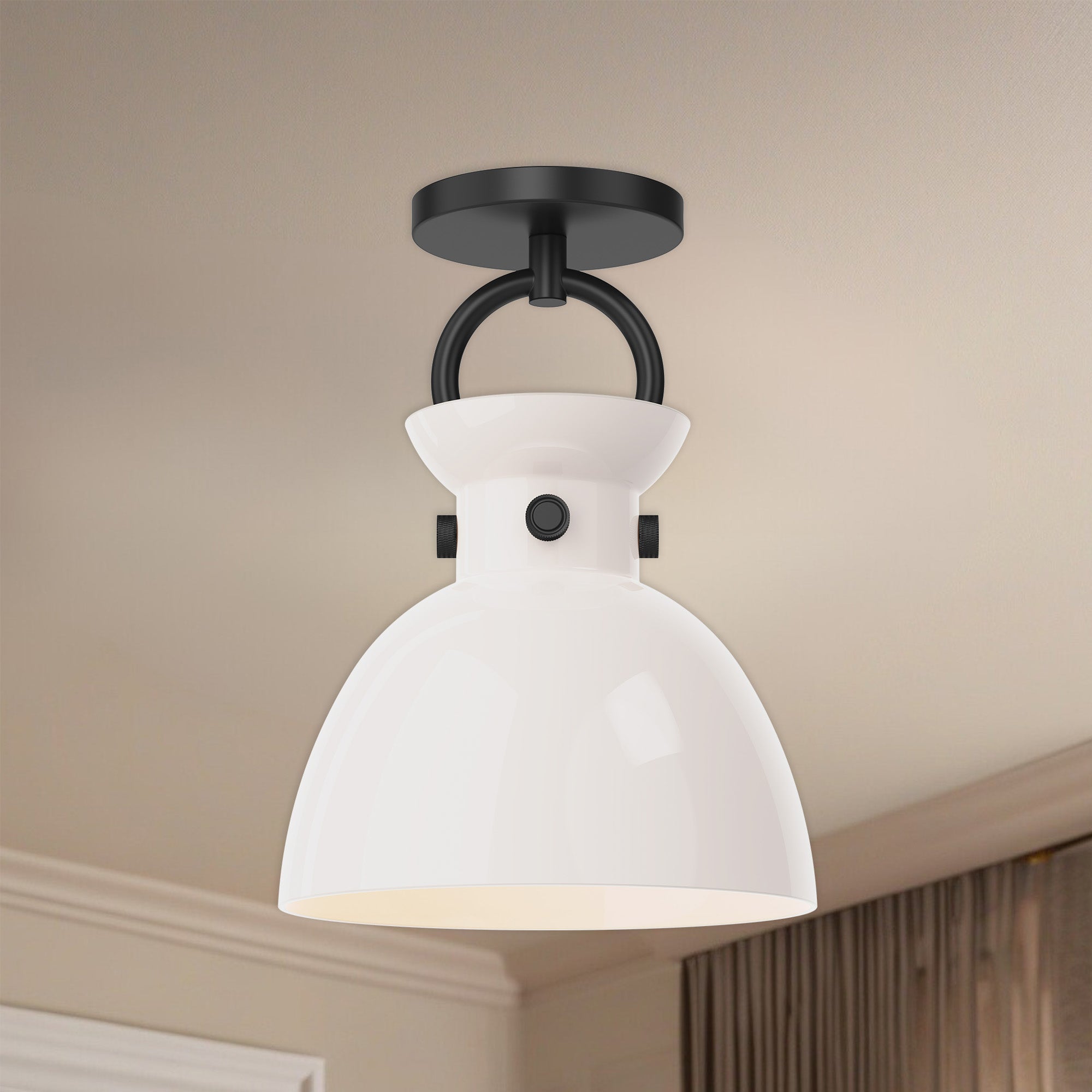 Waldo 9-in Matte Black/Glossy Opal Glass 1 Light Semi Flush Mount
