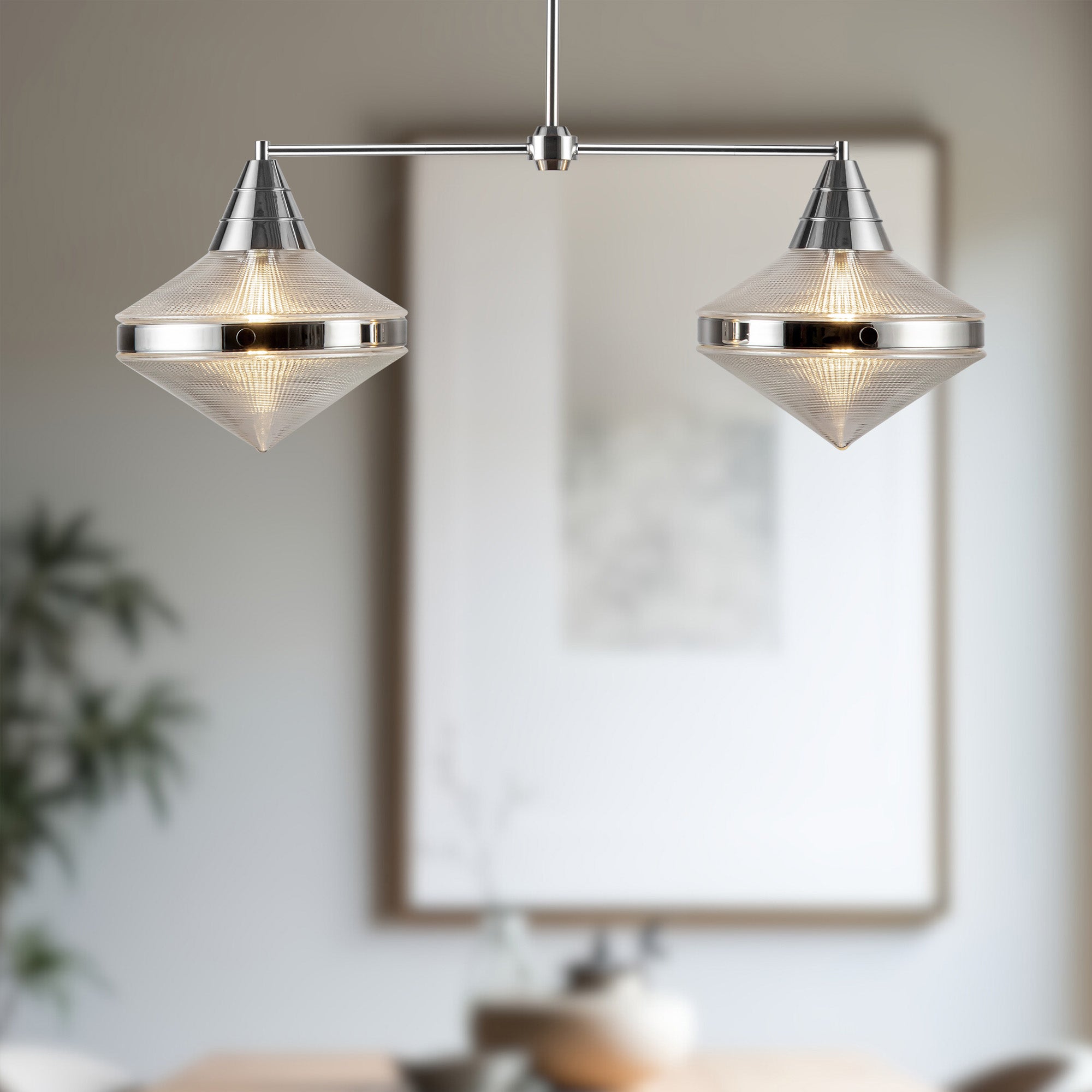 Willard 41-in Polished Nickel/Prismatic Glass 2 Lights Linear Pendant