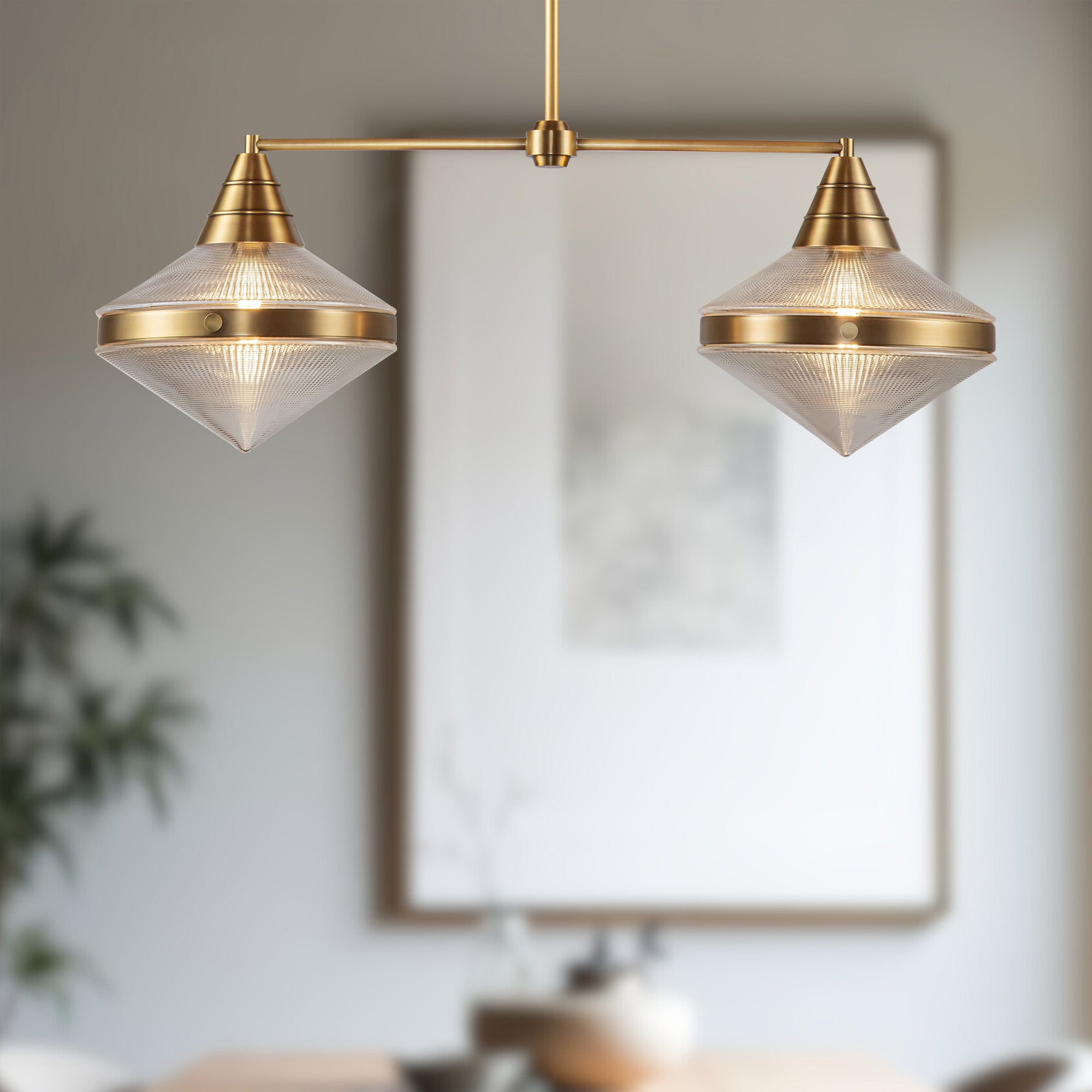 Willard 41-in Vintage Brass/Prismatic Glass 2 Lights Linear Pendant