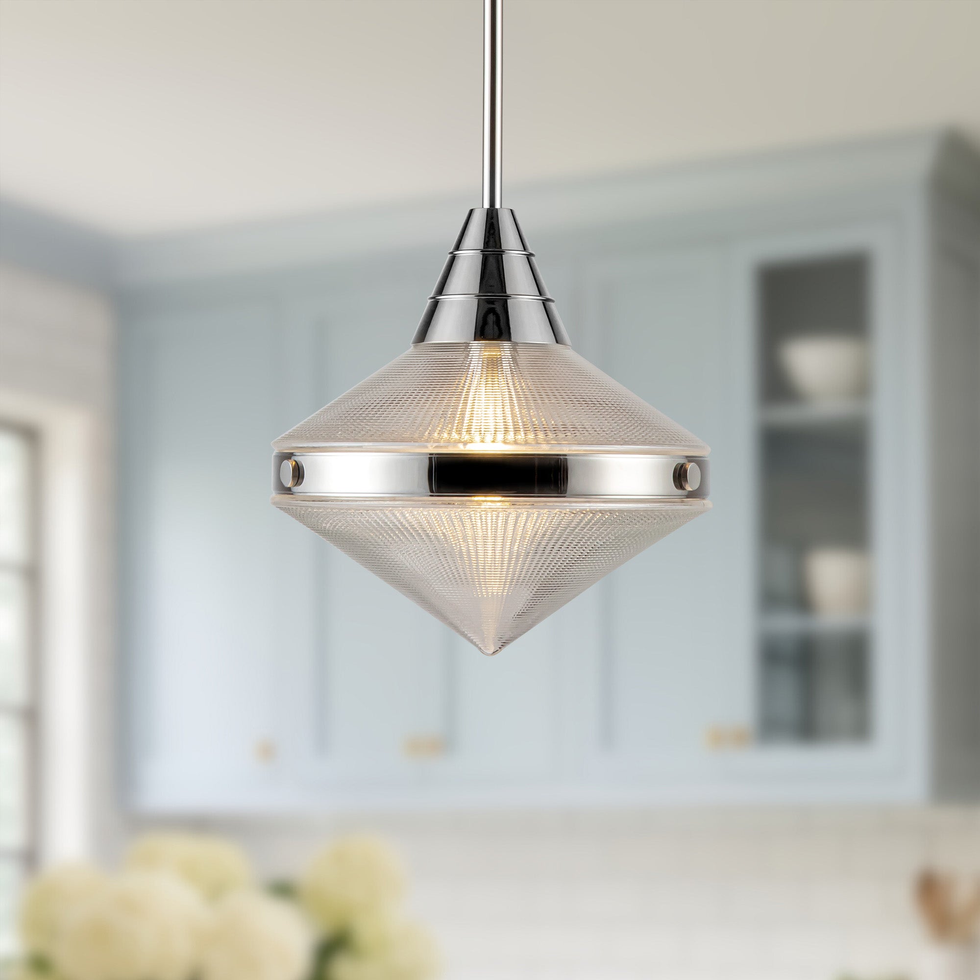 Willard 14-in Polished Nickel/Prismatic Glass 1 Light Pendant