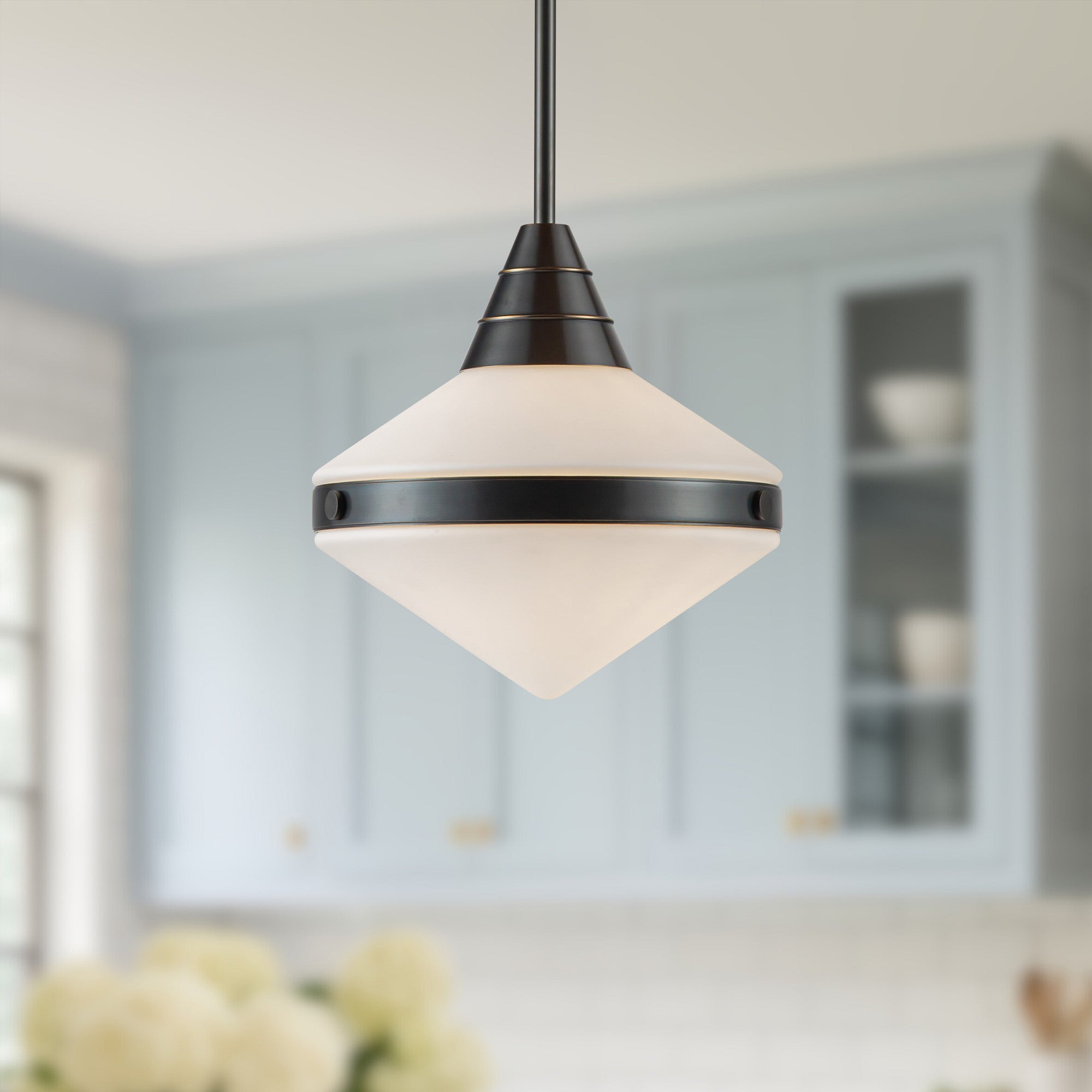 Willard 14-in Urban Bronze/Opal Matte Glass 1 Light Pendant