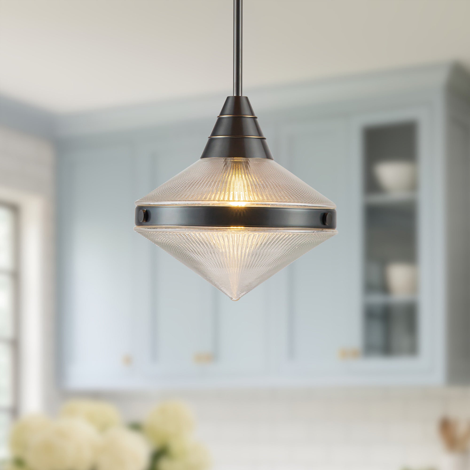 Willard 14-in Urban Bronze/Prismatic Glass 1 Light Pendant