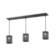 3 Light Linear Chandelier-Bronze Outside; Clear Reeded Inside