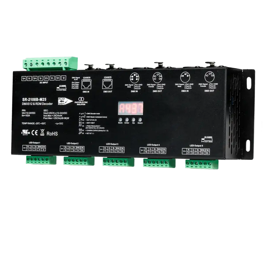 DMX+RDM Decoder: 25CH (5x5CH) with XLR3, XLR5 and RJ45 connections