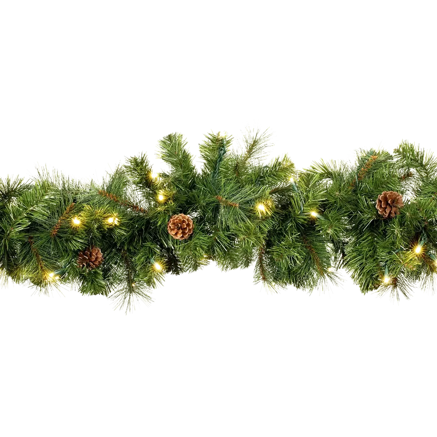 9ft Garland with Pinecones and 5mm LEDs at 3000K - CSA Rated